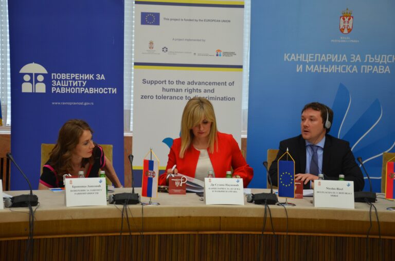 Brankica Janković (Commissioner for Protection of Equality), Suzana Paunović (Acting Director of the Office for Human and Minority Rights), Nicolas Bizel (Head of Operations I of the EU Delegation to Serbia)